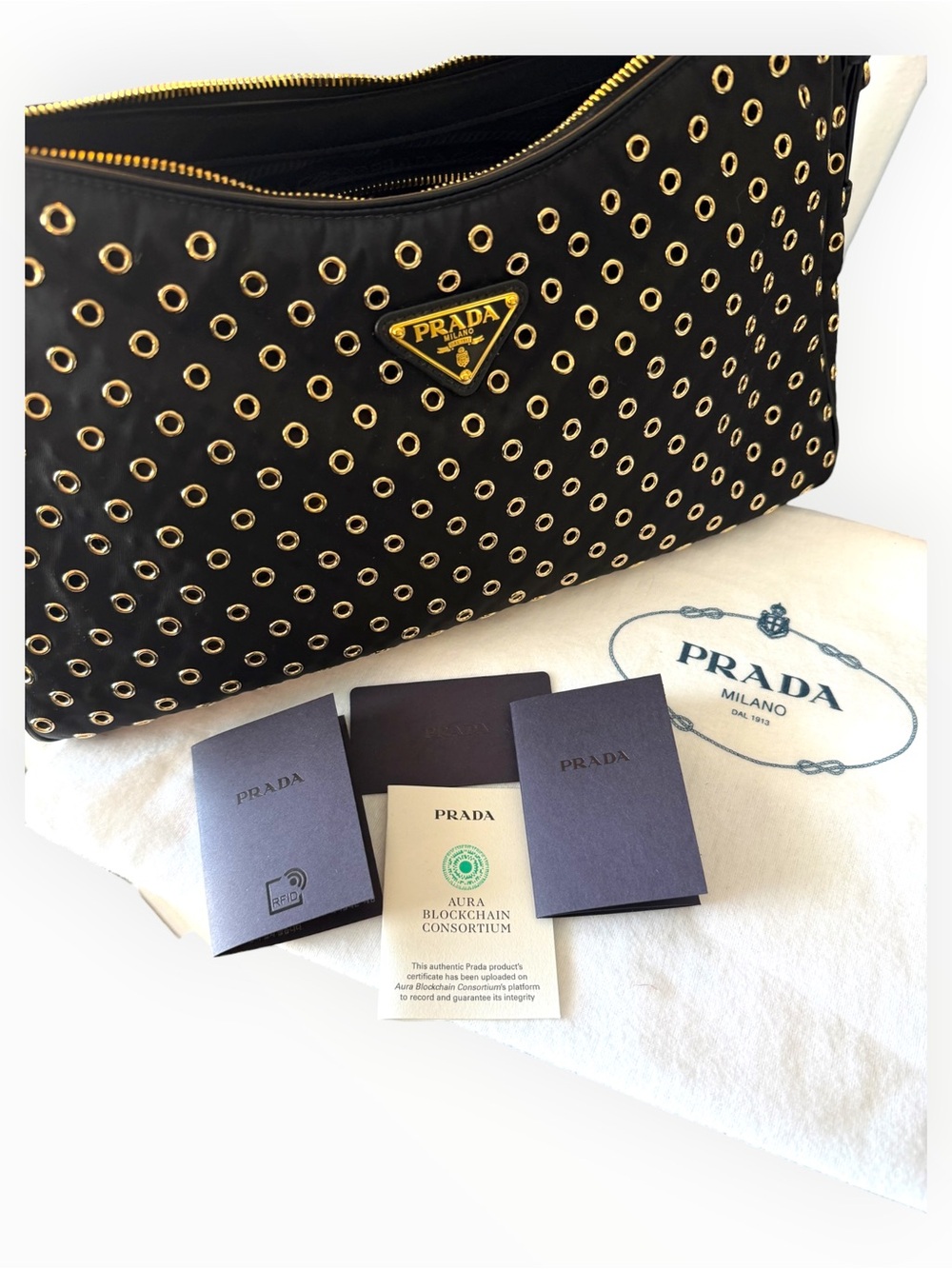Prada Large Aimée Re-Nylon Grommet Shoulder Bag Black NWOT Dust Bag + Cards